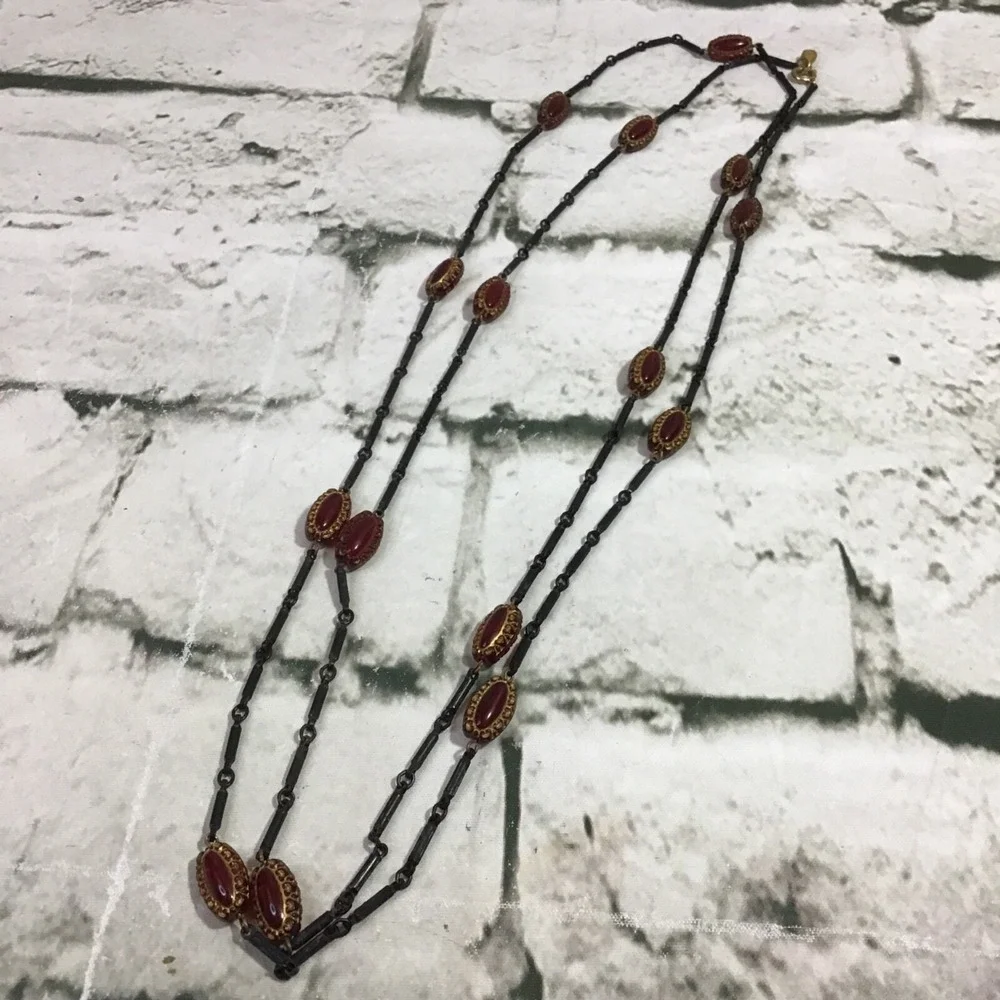 Joy Long Double Beaded Necklace Red Oblong Beads Black Burgundy Victorian Witchy